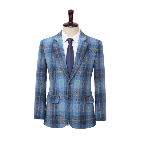 Blue Windowpane Twill Tweed 3 Piece Suit - Yoosuitan