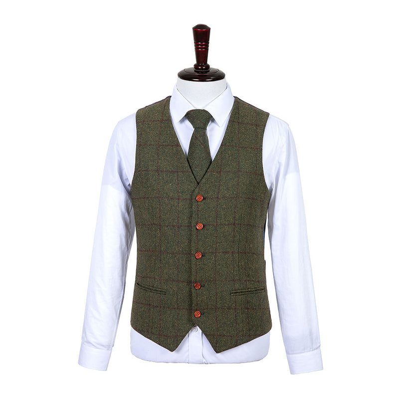 Olive Green Windowpane Tweed 3 Piece Suit - Yoosuitan