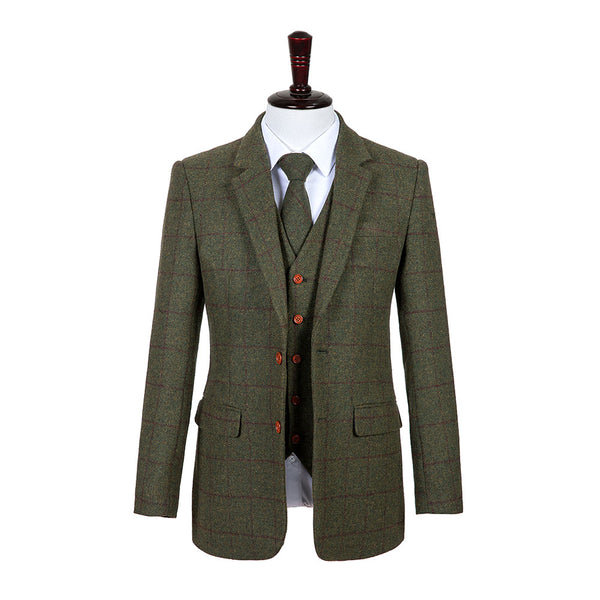 Olive Green Windowpane Tweed 3 Piece Suit - Yoosuitan