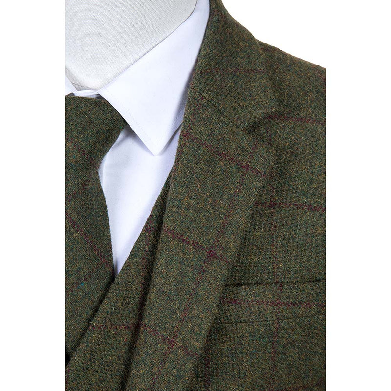 Olive Green Windowpane Tweed 3 Piece Suit - Yoosuitan