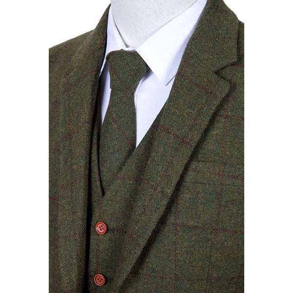 Olive Green Windowpane Tweed 3 Piece Suit - Yoosuitan