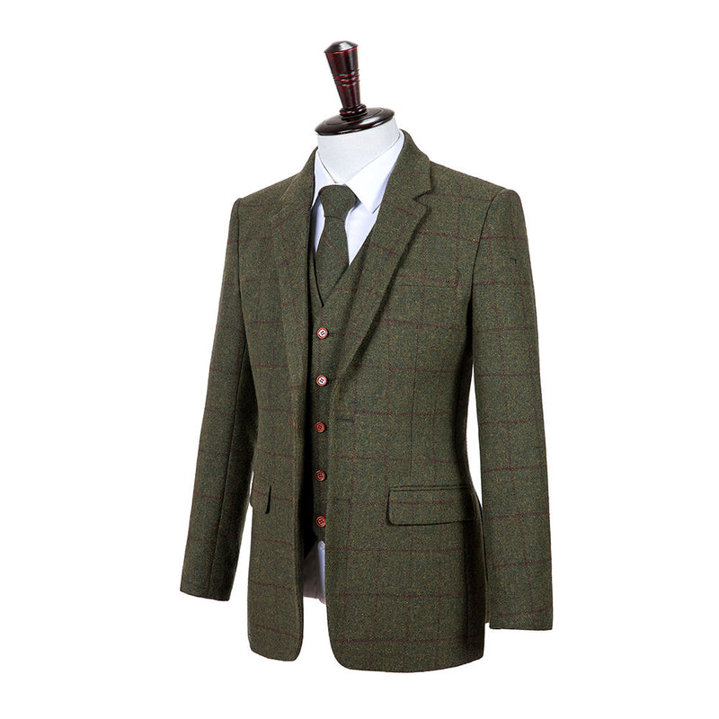 Olive Green Windowpane Tweed 3 Piece Suit - Yoosuitan