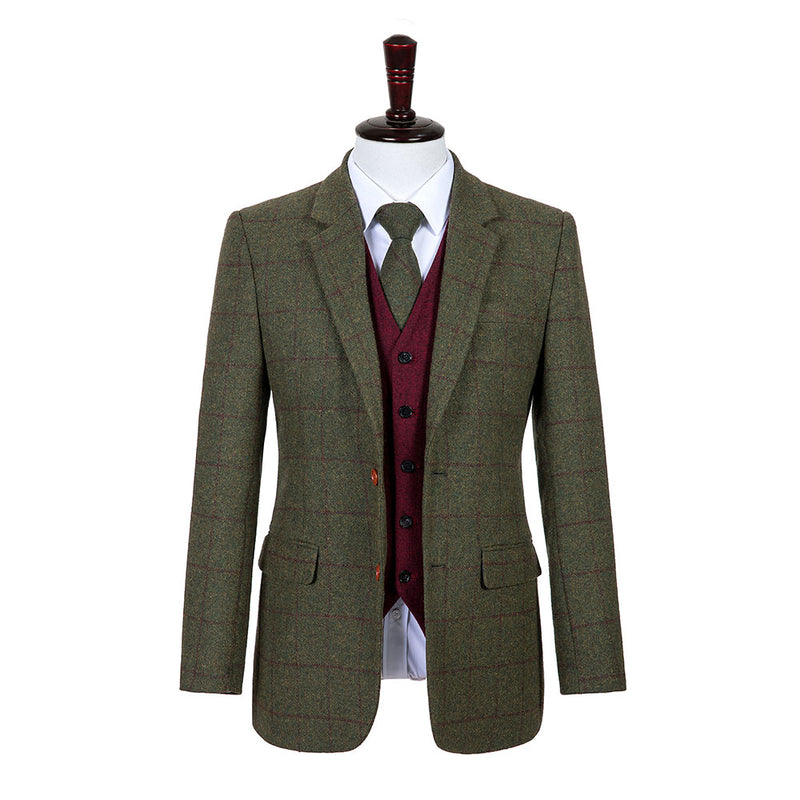 Olive Green Windowpane Tweed 3 Piece Suit - Yoosuitan