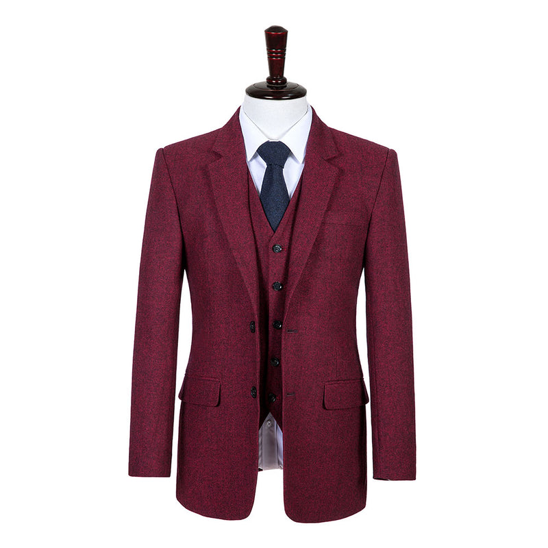 Maroon Barleycorn Tweed 3 Piece Suit - Yoosuitan