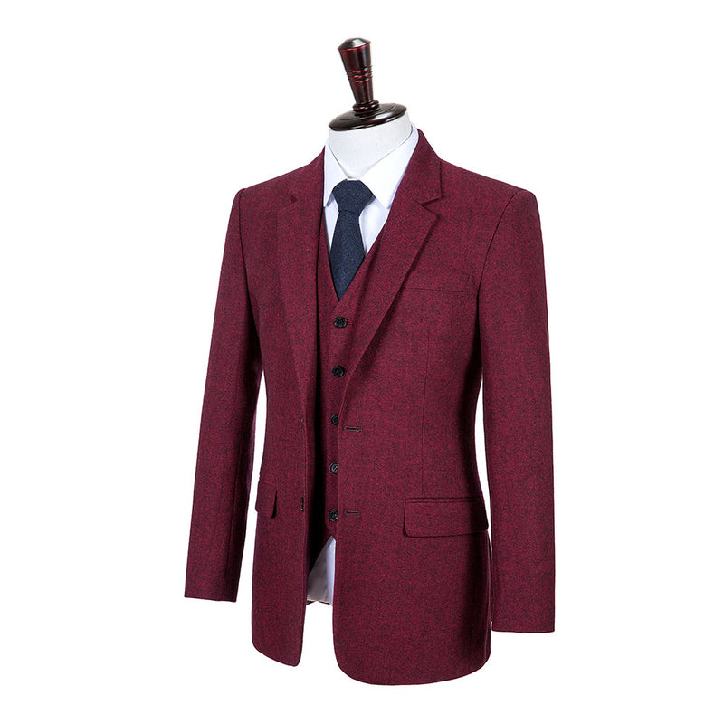 Maroon Barleycorn Tweed 3 Piece Suit - Yoosuitan