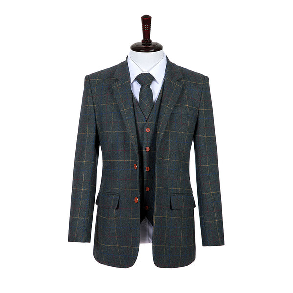 Retro Dark Green Overcheck Twill Tweed 3 Piece Suit - Yoosuitan