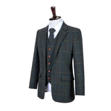 Retro Dark Green Overcheck Twill Tweed 3 Piece Suit - Yoosuitan