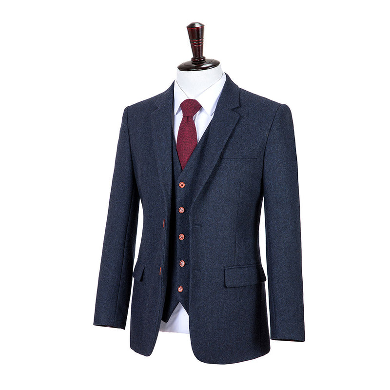 Dark Navy Estate Herringbone Tweed 3 Piece Suit - Yoosuitan