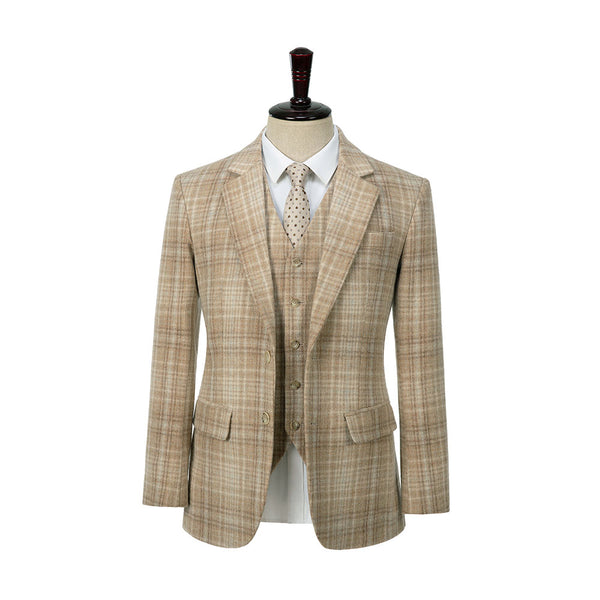 Beige Windowpane Tweed 3 Piece Suit - Yoosuitan