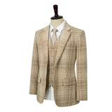 Beige Windowpane Tweed 3 Piece Suit - Yoosuitan