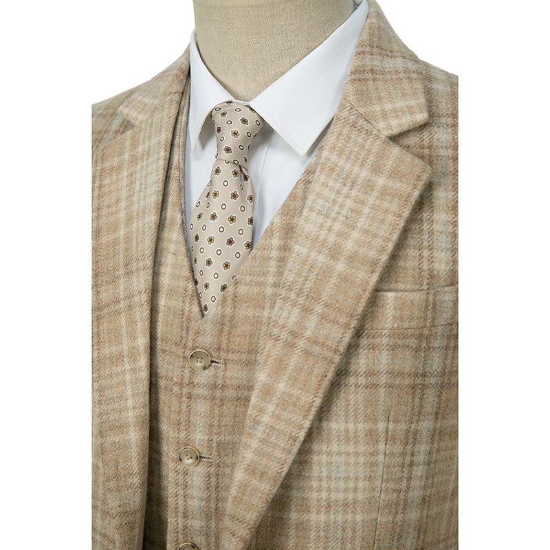 Beige Windowpane Tweed 3 Piece Suit - Yoosuitan