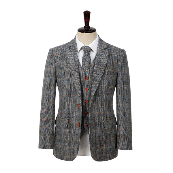 Grey Estate Herringbone Windowpane Tweed 3 Piece Suit - Yoosuitan