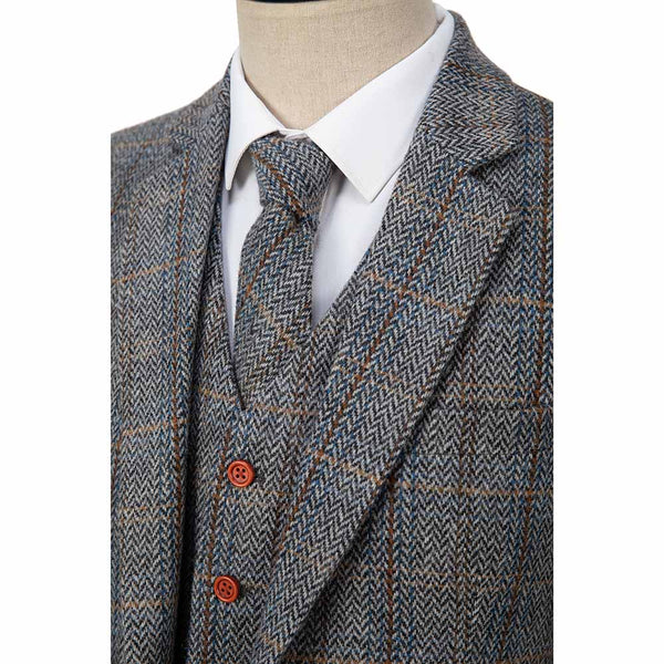 Grey Estate Herringbone Windowpane Tweed 3 Piece Suit - Yoosuitan