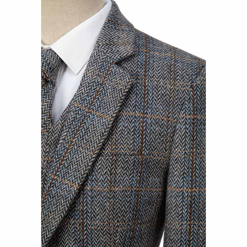 Grey Estate Herringbone Windowpane Tweed 3 Piece Suit - Yoosuitan