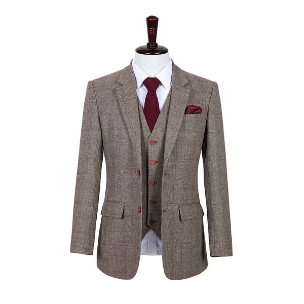 Light Brown Prince of Wales Tweed 3 Piece Suit - Yoosuitan