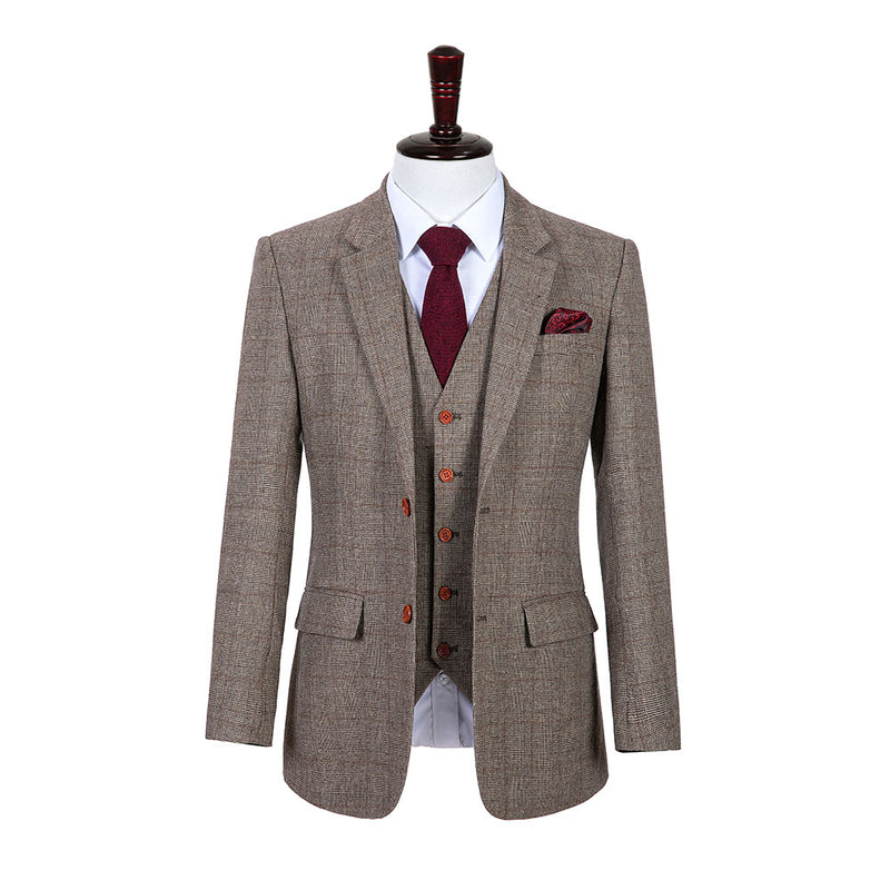 Light Brown Prince of Wales Tweed 3 Piece Suit - Yoosuitan