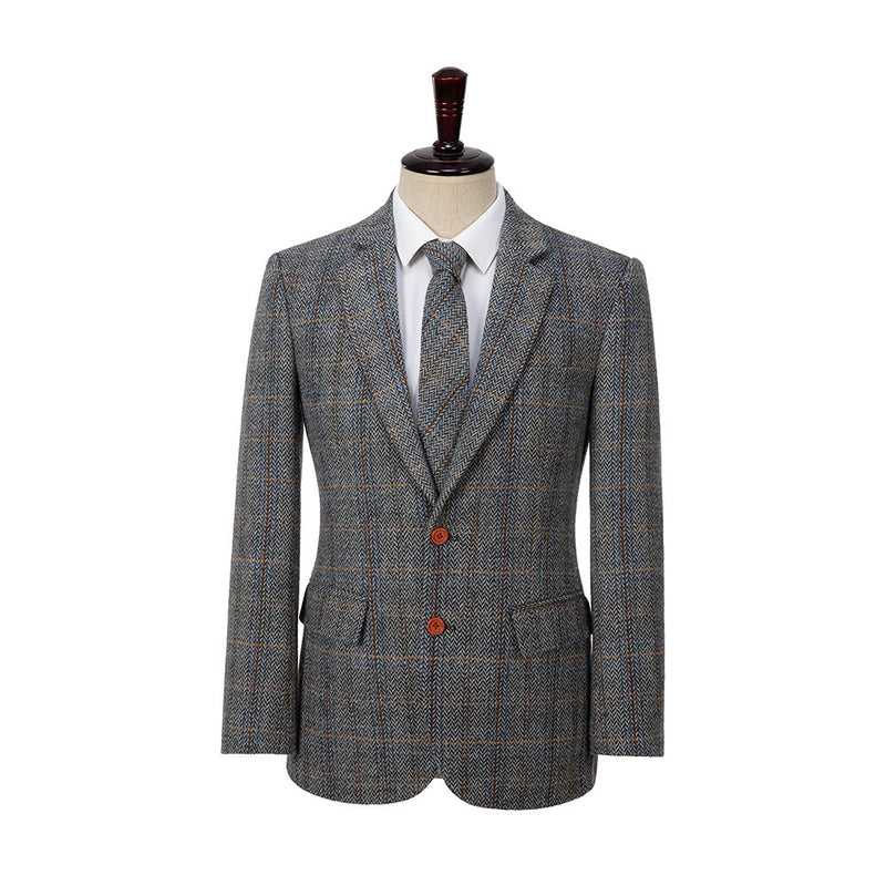 Grey Estate Herringbone Windowpane Tweed 3 Piece Suit - Yoosuitan