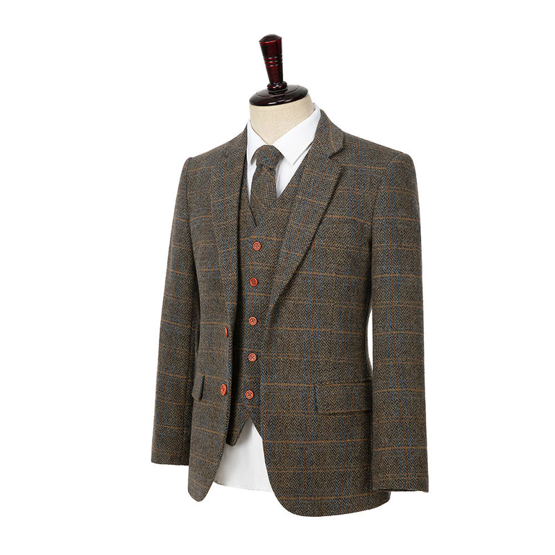 Ginger Earth tone Estate Herringbone Windowpane Tweed 3 Piece Suit - Yoosuitan