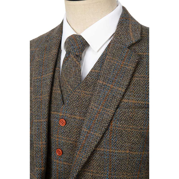 Ginger Earth tone Estate Herringbone Windowpane Tweed 3 Piece Suit - Yoosuitan