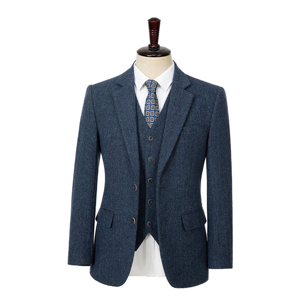 Blue Herringbone Tweed 3 Piece Suit - Yoosuitan