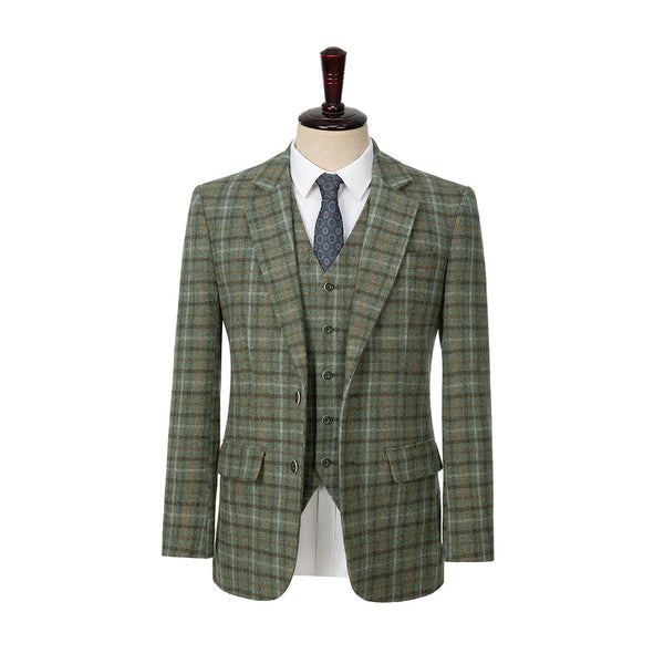 Green Windowpane Tweed 3 Piece Suit - Yoosuitan
