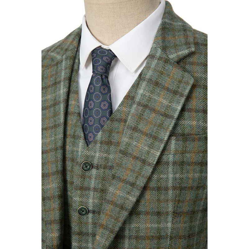 Green Windowpane Tweed 3 Piece Suit - Yoosuitan