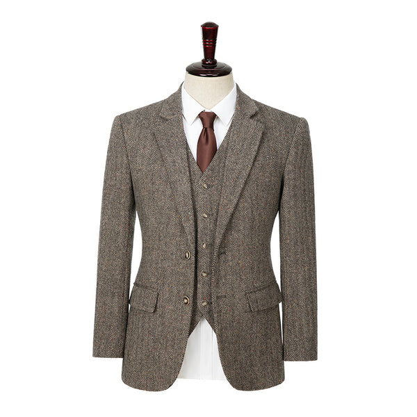 Blown Herringbone Color Point Tweed 3 Piece Suit - Yoosuitan