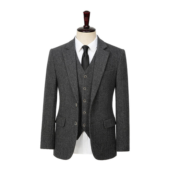 Dark Grey Herringbone Tweed 3 Piece Suit - Yoosuitan