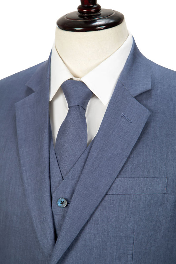 Denim Blue Linen 3 Piece Suit - Yoosuitan