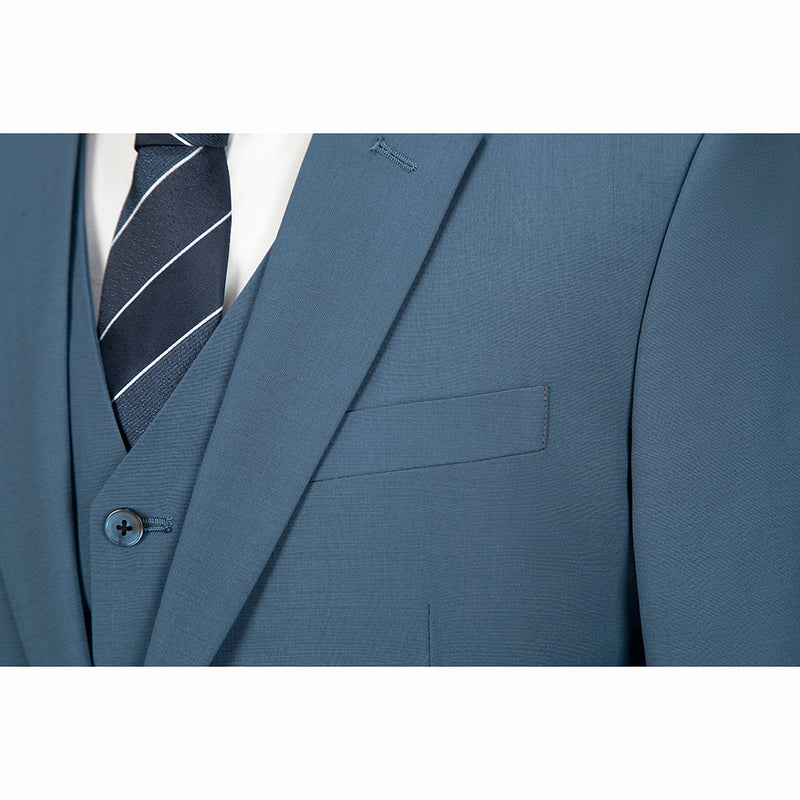 Denim Blue Mercerized Wool Stretch Fabric 3 Piece Suit - Yoosuitan