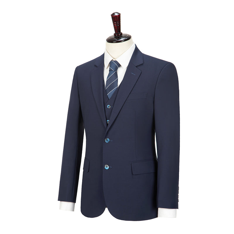 Navy Blue Mercerized Wool Stretch Fabric 3 Piece Suit - Yoosuitan