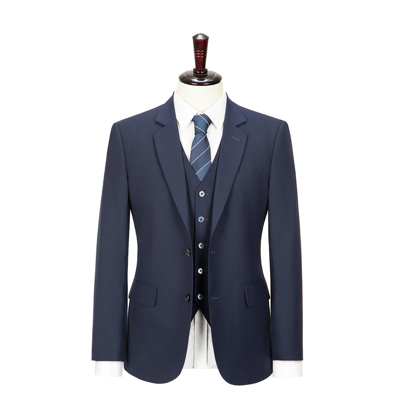 Navy Blue Mercerized Wool Stretch Fabric 3 Piece Suit - Yoosuitan