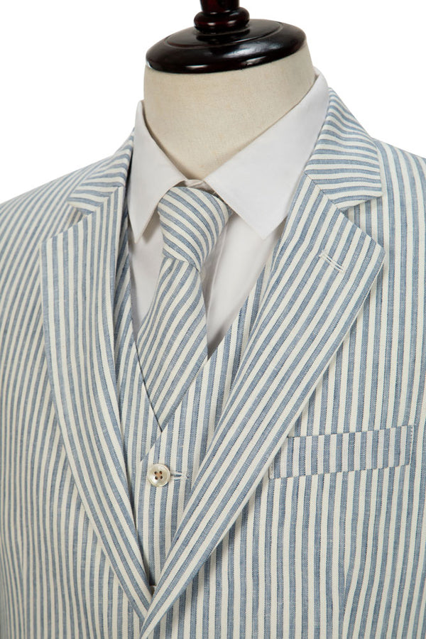 Light Blue Stripe Linen 3 Piece Suit - Yoosuitan