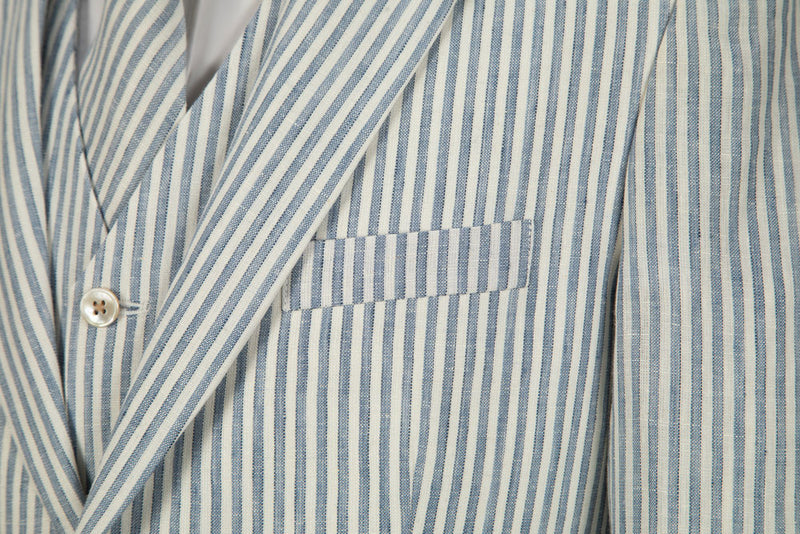 Light Blue Stripe Linen 3 Piece Suit - Yoosuitan