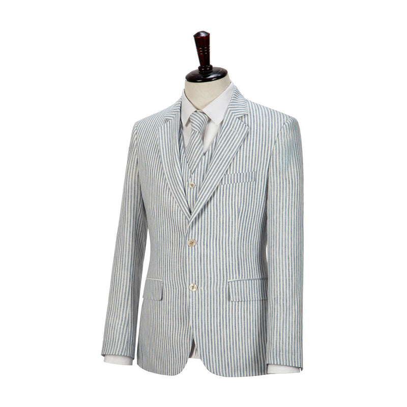 Light Blue Stripe Linen 3 Piece Suit - Yoosuitan