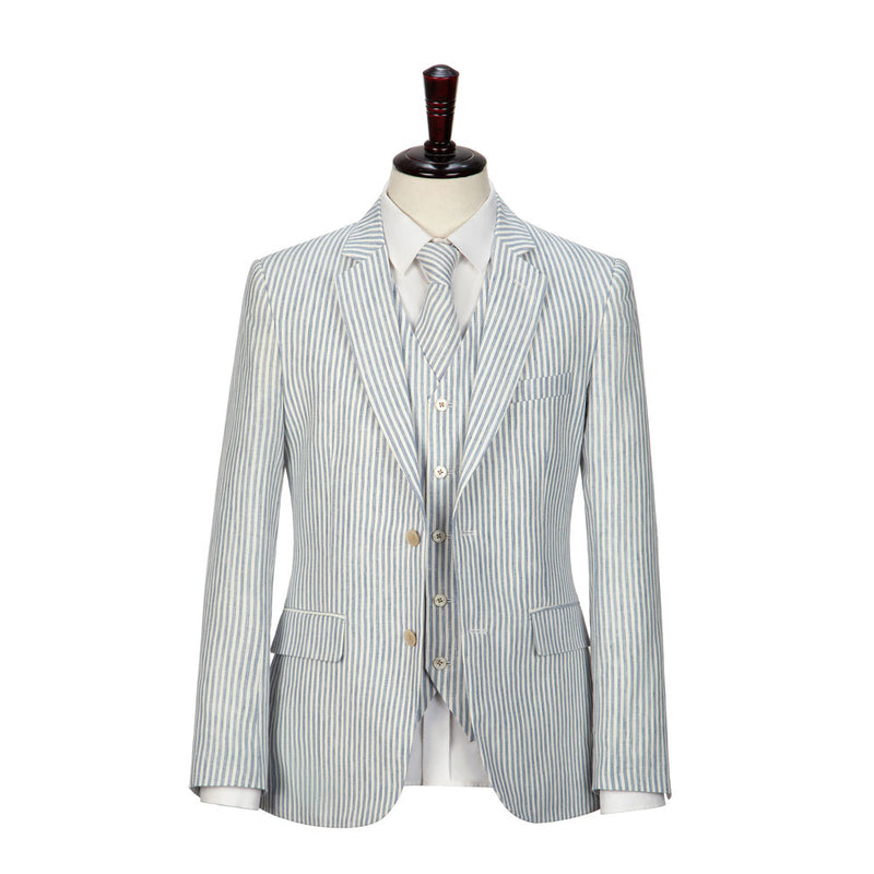 Light Blue Stripe Linen 3 Piece Suit - Yoosuitan