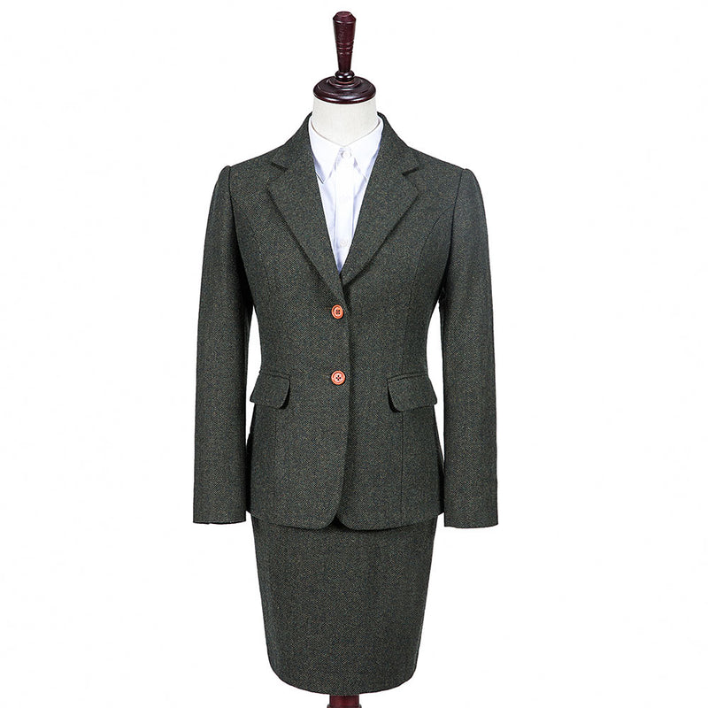 Green Herringbone Tweed 3 Piece Women Suit