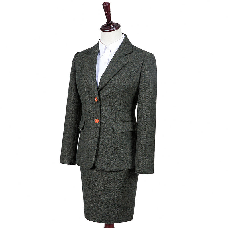 Green Herringbone Tweed 3 Piece Women Suit