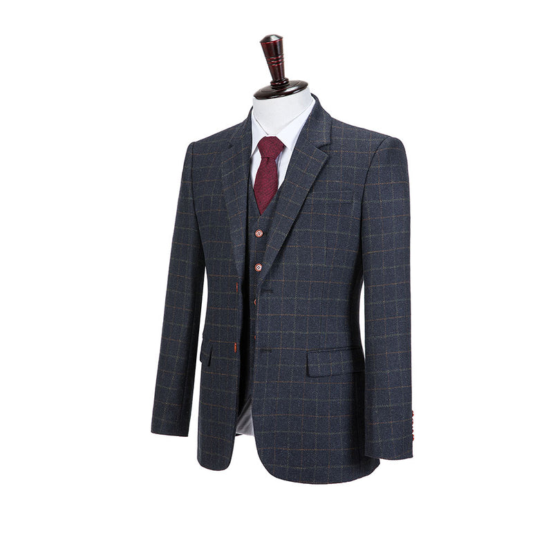 Dark Navy Overcheck Tattersall Tweed 3 Piece Suit - Yoosuitan