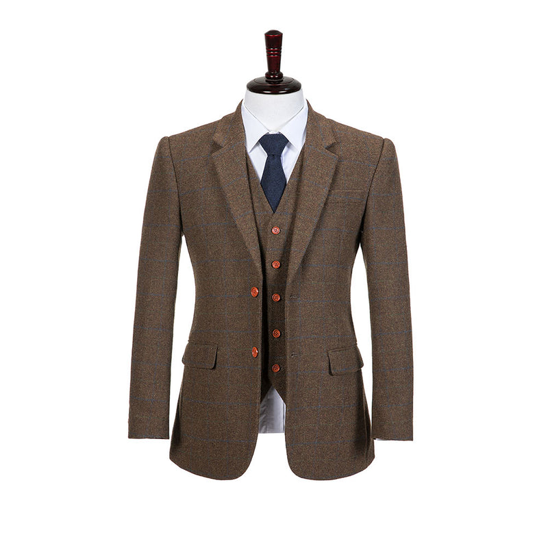 Brown Overcheck Tattersall Tweed 3 Piece Suit - Yoosuitan