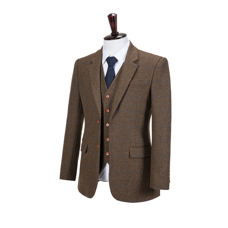 Brown Overcheck Tattersall Tweed 3 Piece Suit - Yoosuitan