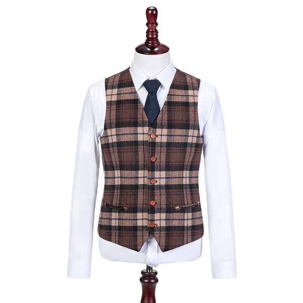 Brown Plaid Overcheck Tweed Vest