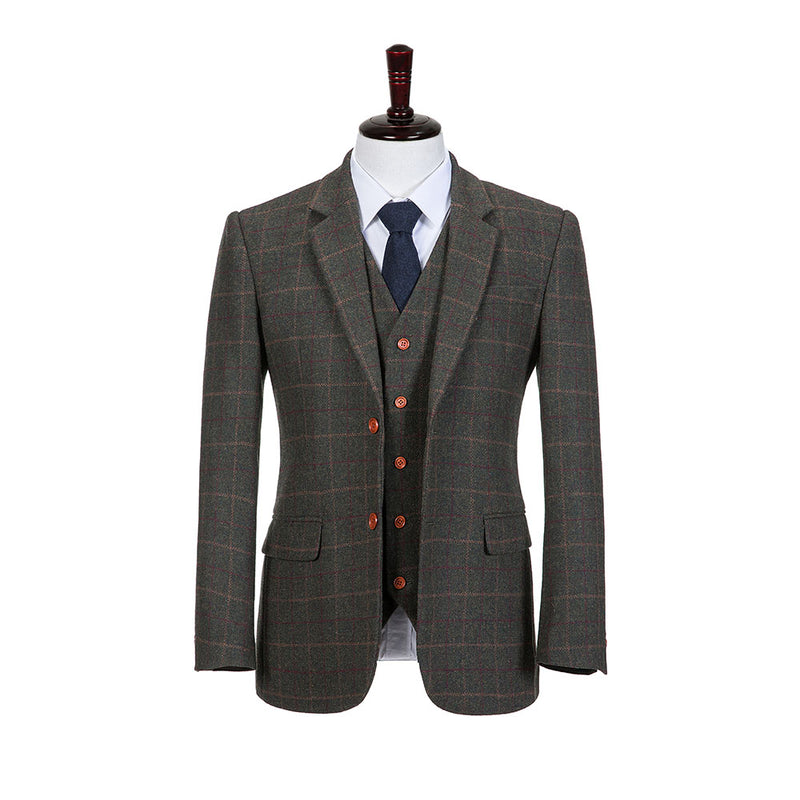 Dark Green Windowpane Tattersall Tweed 3 Piece Suit - Yoosuitan