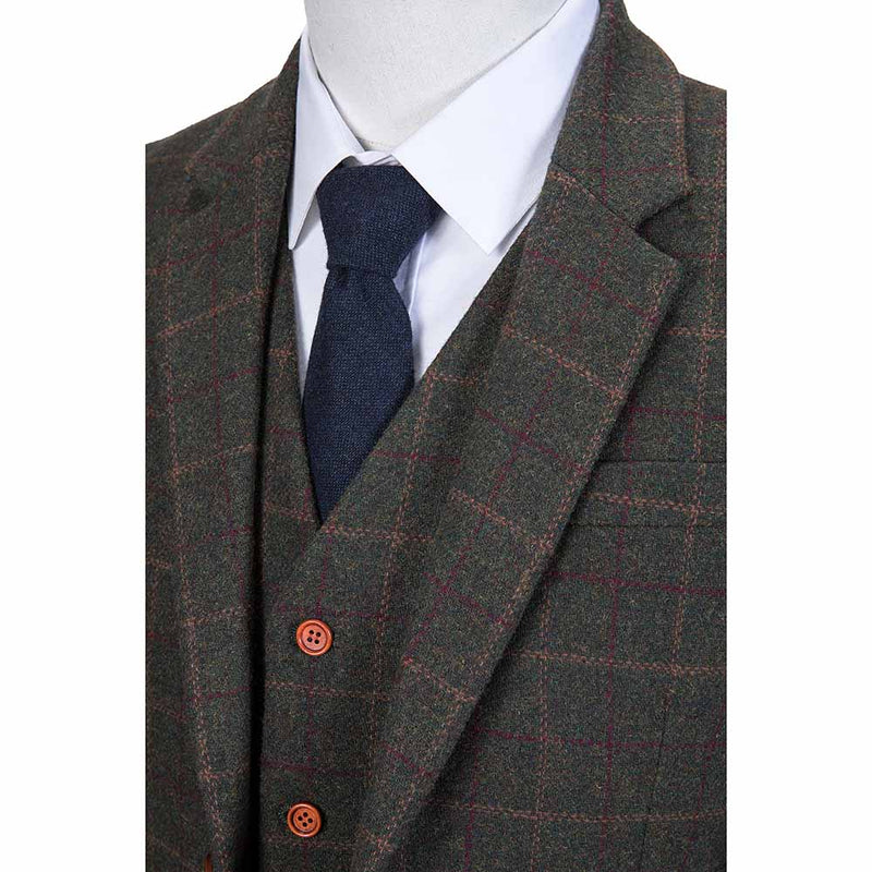 Dark Green Windowpane Tattersall Tweed 3 Piece Suit - Yoosuitan