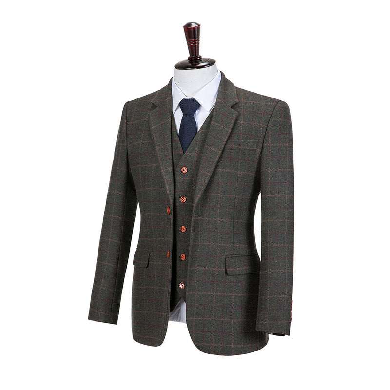 Dark Green Windowpane Tattersall Tweed 3 Piece Suit - Yoosuitan