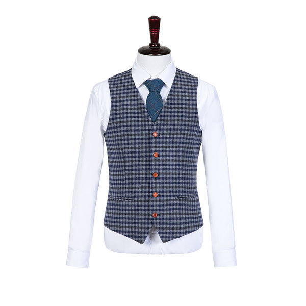 Blue Grey Black Plaid Overcheck Tweed Vest