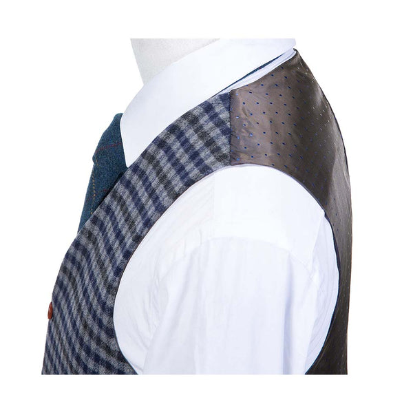 Blue Grey Black Plaid Overcheck Tweed Vest