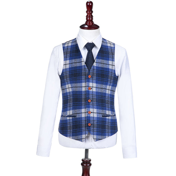 Blue White Plaid Overcheck Tweed Vest