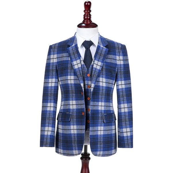 Blue White Plaid Overcheck Tweed Jacket