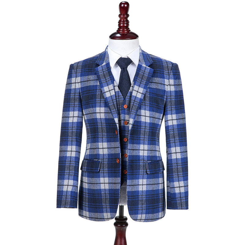 Blue White Plaid Overcheck Tweed 3 Piece Suit